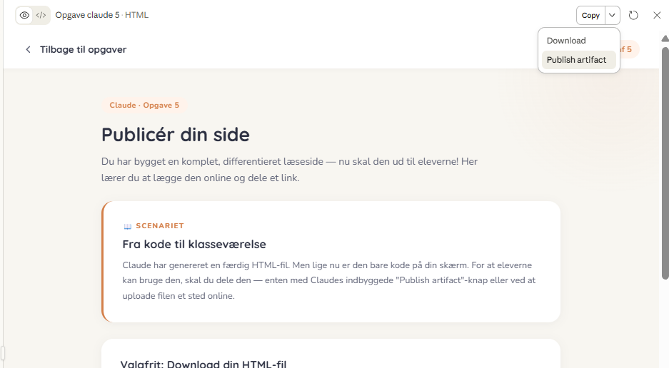 Publish artifact knappen i Claude
